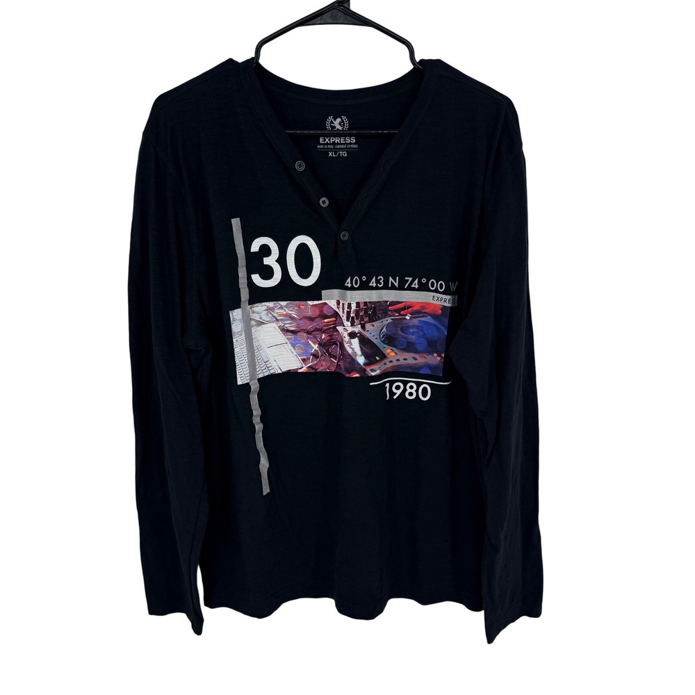 Express Henley Shirt Mens XL Black Graphic Long Sleeve Cotton Streetwear V Neck‎